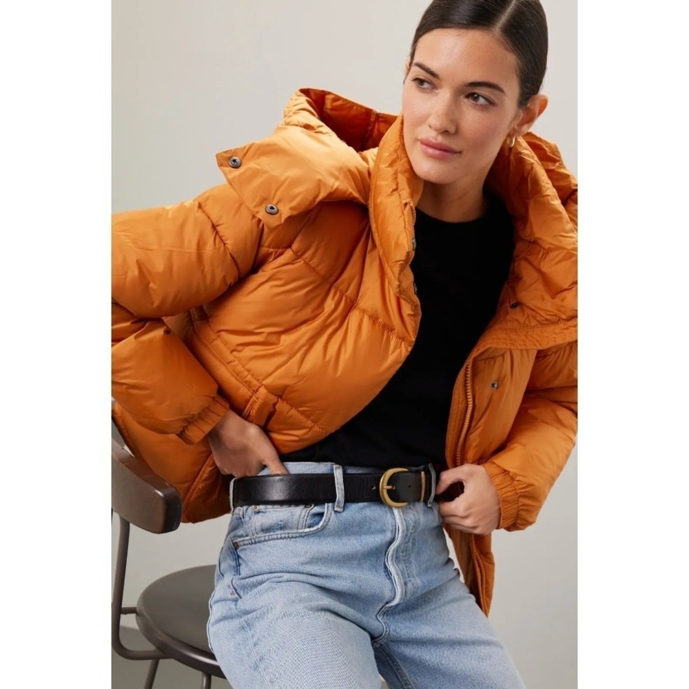 Anthropologie NVLT Jacket Women Small Orange Wonder Puffer Hooded Quilted Padded